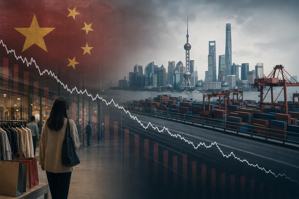 Illustration representing China’s slowing economic momentum with falling retail and industrial indicators
