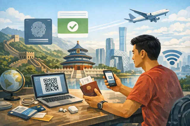 Singapore traveller preparing mobile payments, maps and connectivity apps for a China trip