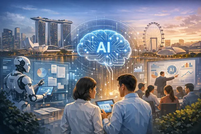 Illustration of Singapore accounting and finance professionals learning to use artificial intelligence through the AIxAccountancy programme