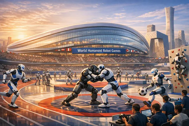 Humanoid robots competing in sports and workplace-simulation events at Beijing’s World Humanoid Robot Games
