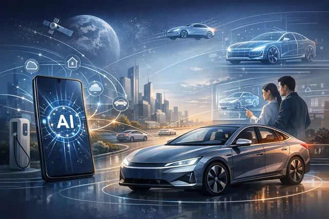 Illustration of an Oppo smartphone connecting with a BYD electric vehicle through AI-enabled phone-car technology