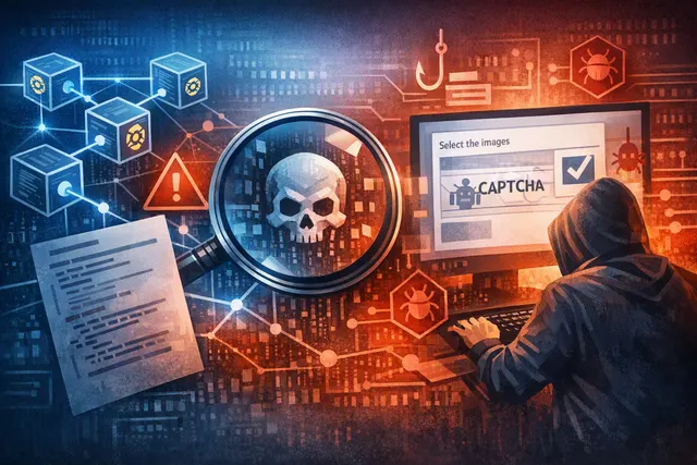 Conceptual illustration of a blockchain smart contract being used to deliver malware via a fake CAPTCHA prompt on a Windows computer screen.