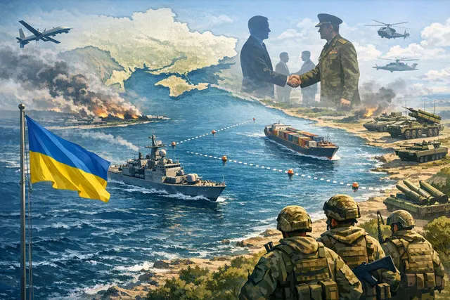 An aerial view of a large port and dock area, with large ships and cranes, symbolizing the Black Sea trade route and the impact of the conflict on global food supply.