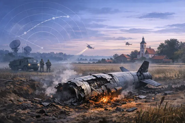 Editorial illustration of a Russian Kh-101 cruise missile incident near Lublin, Poland