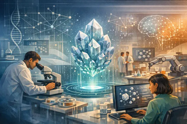 Abstract visualization of AI agents working in parallel to discover new semiconductor materials for chip cooling