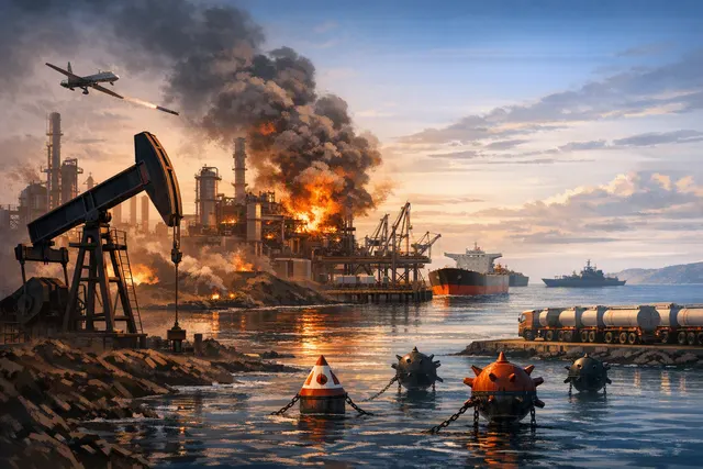Oil refinery facility with industrial towers and pipelines, representing Russian oil infrastructure under drone attack pressure