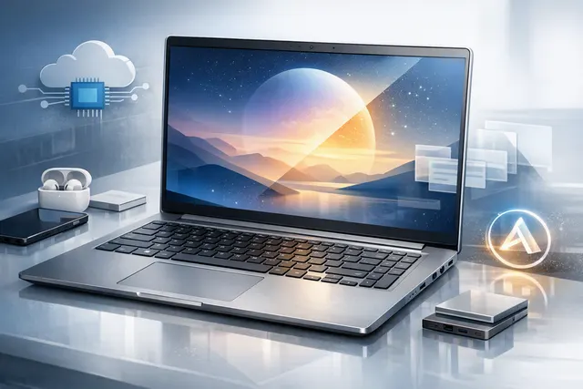 Leaked Lenovo Googlebook 15 press render showing keyboard with dedicated Gemini key, large trackpad, and Aluminium OS desktop interface with phone-style status bar