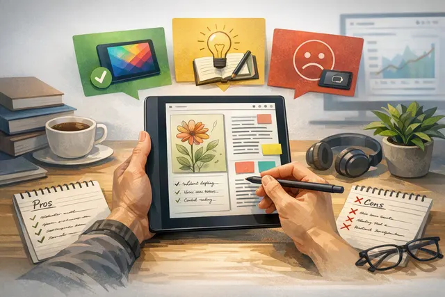 A person holding an Amazon Kindle Scribe Colorsoft e-reader with a pen, displaying notes on the large 11-inch color e-ink screen.