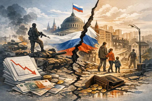 Abstract illustration of a Russian budget document with a downward trend arrow and military silhouettes, representing the 2026 deficit and war spending.