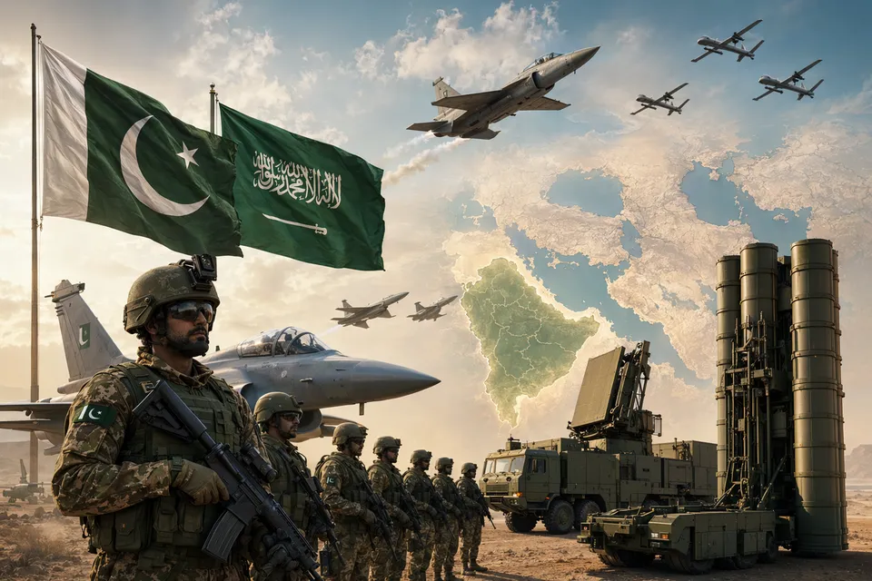 Illustration representing Pakistan deploying troops, fighter jets, drones, and air defense systems to Saudi Arabia under a defense pact