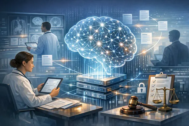 Illustration of artificial intelligence connecting with a clinical health-care system, representing risks and safety oversight for medical large language models
