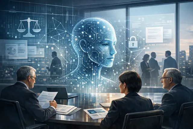 Illustration of a corporate board overseeing artificial intelligence governance, business value and risk controls