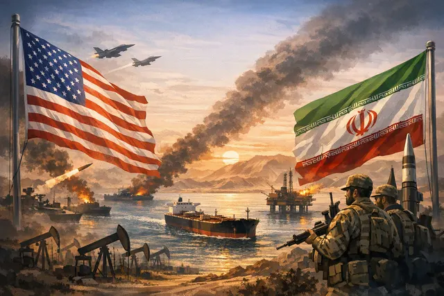 Editorial illustration of oil tankers navigating a tense Strait of Hormuz during a U.S.–Iran standoff