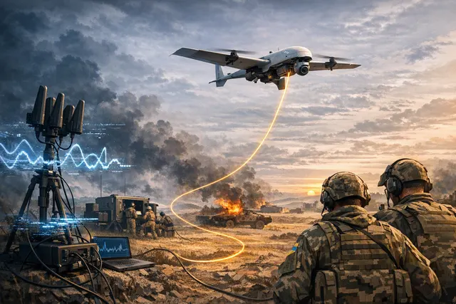 Representation of a fiber-optic drone trailing a thin cable against a battlefield landscape, illustrating the unjammable technology used in Ukraine.