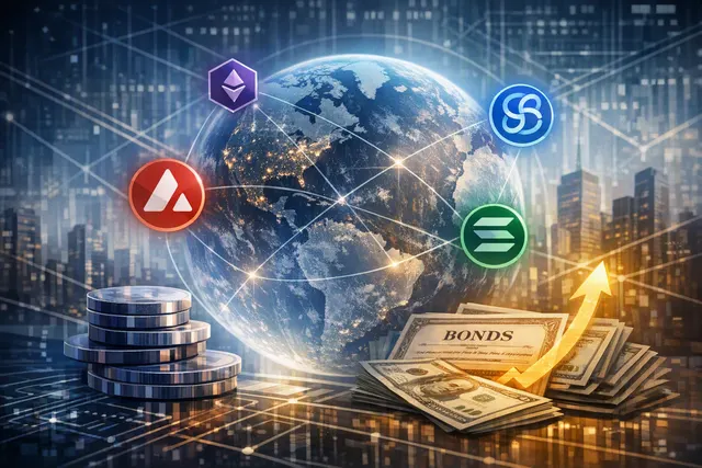 Illustration of a tokenized high-yield bond fund connecting institutional finance with Avalanche, Ethereum, Solana, and Sui