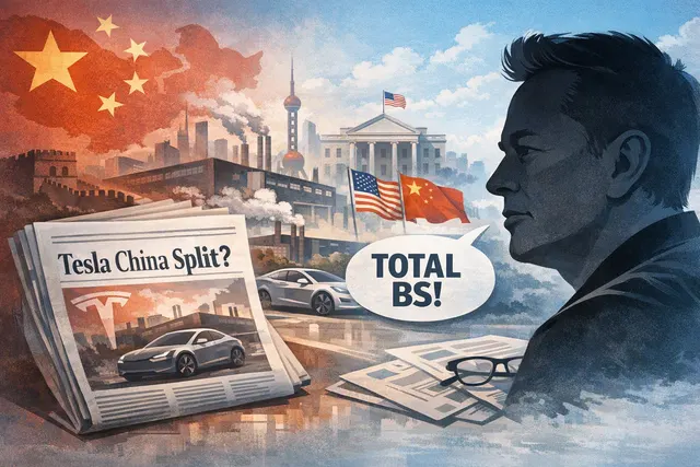 A conceptual image showing the Tesla logo, the SpaceX logo, and the Shanghai skyline, representing the potential conflict between Tesla's China operations and a Tesla-SpaceX merger