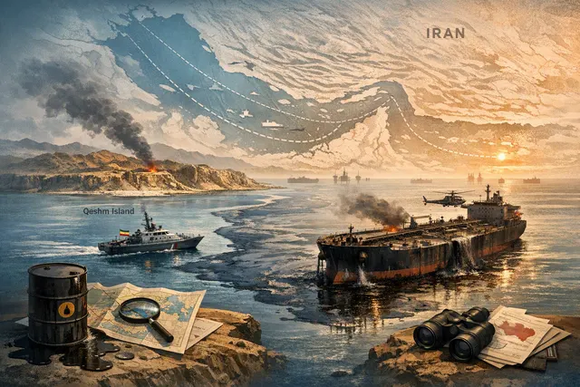 What are the details of the twin oil spills in the Gulf region involving Iran's Qeshm Island and the shadow fleet tanker Caroline Bezengi of
