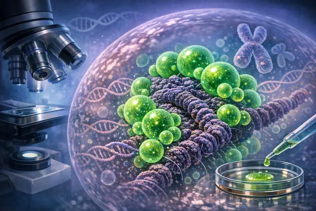 A microscopic view into a cancer cell nucleus showing a TEAD1 protein condensate acting as a storage depot on pericentromeric heterochromatin.