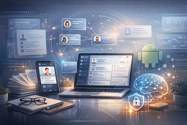 Mesh personal CRM app interface showing contact visualization, Nexus AI search, and Android split-screen features