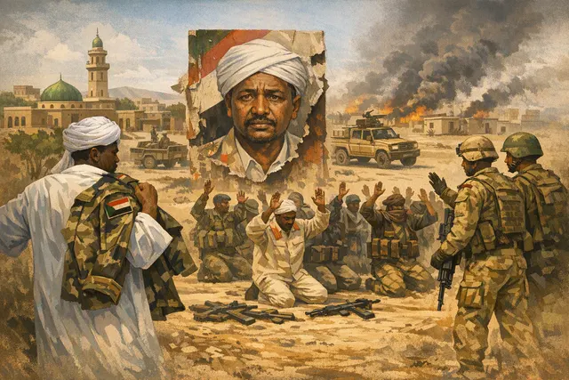 A conceptual image representing the conflict in Sudan, showing displaced people and military vehicles in a landscape under a dramatic sky.