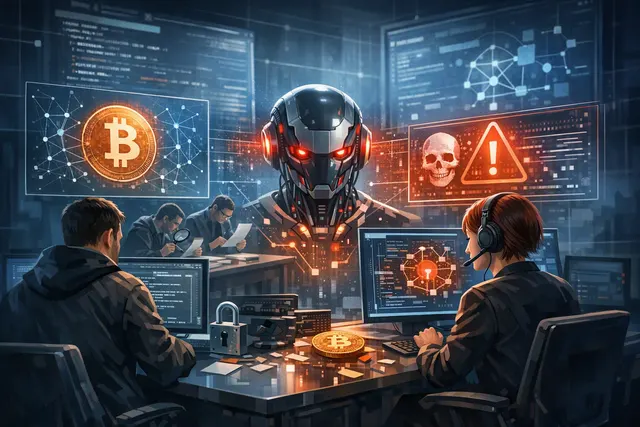 Conceptual visualization of a Bitcoin Red Team AI-assisted security audit scanning open-source Bitcoin project codebases, with vulnerability detection highlights