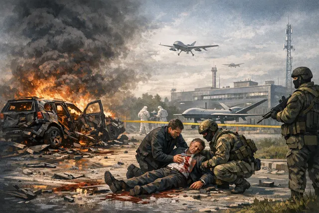 AI-generated editorial image of a damaged car near Yekaterinburg, representing the car bombing of Russian drone factory head Vladimir Tkachuk.
