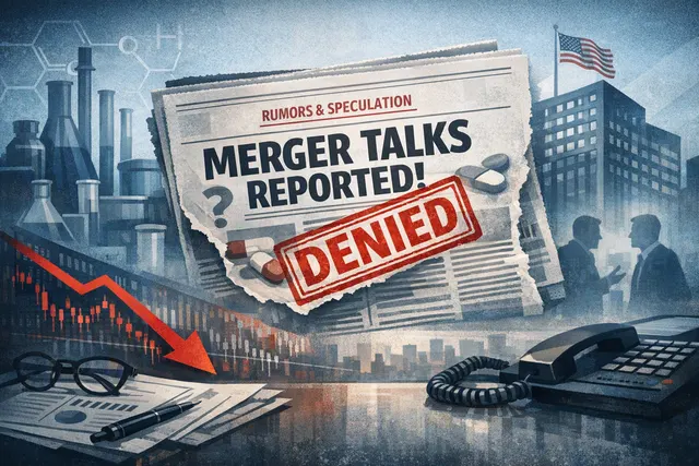 Abstract editorial illustration of a pharmaceutical merger deal being denied — representing the AstraZeneca and Bristol Myers Squibb $400 billion merger speculation and its officia