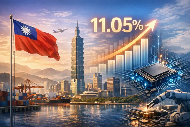 A visual representation of Taiwan's 2026 GDP growth forecast at 11.05%, showing an upward-trending graph with semiconductor and AI chip motifs.