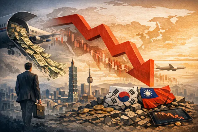 A stock market chart showing a steep decline with red arrows pointing downward, representing the $25.5 billion foreign investor exodus from Asian equities in July 2026.