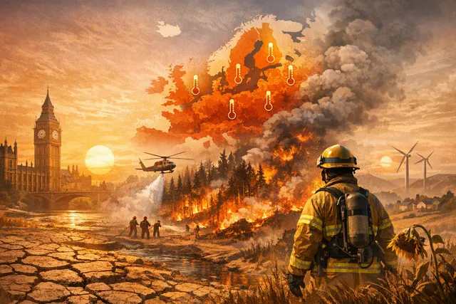 An aerial view of a dry, cracked riverbed with smoke rising from wildfires in the distance, illustrating the drought and fire crisis in Europe during the summer of 2026.