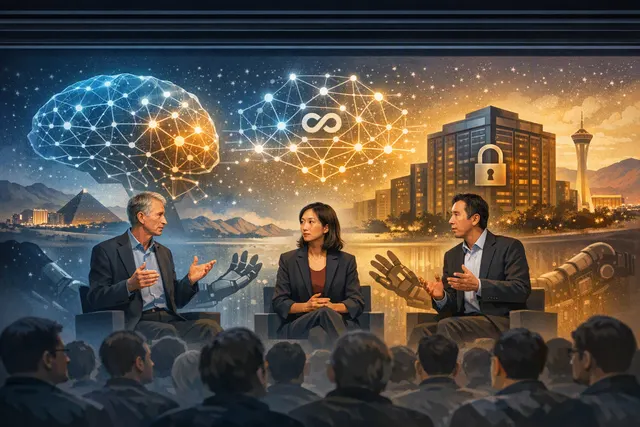 Three AI pioneers — Geoffrey Hinton, Fei-Fei Li, and Andrew Ng — standing on stage at the Ai4 2026 conference in Las Vegas, debating the future of open AI models