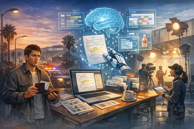 Filmustage AI pre-production platform interface showing automated script breakdown with color-coded tags for characters, props, locations, and VFX elements