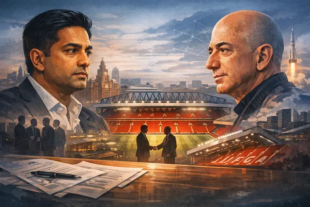 Illustration of Jeff Bezos joining an Amit Bhatia-led consortium buying a minority stake in Liverpool Football Club