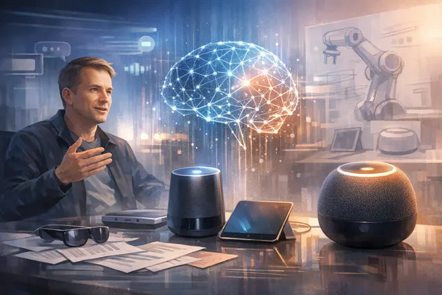 Abstract image of a glowing digital face and interconnected nodes representing OpenAI's AI and hardware ambitions