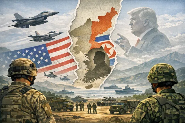 Editorial illustration of U.S. and South Korean forces during the reduced Ulchi Freedom Shield military exercise