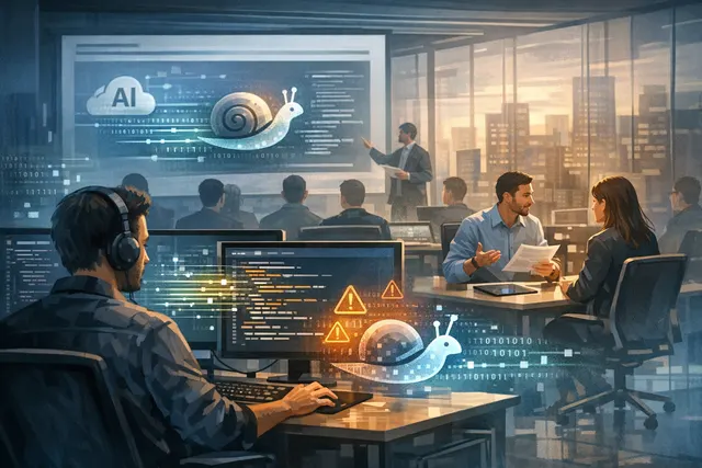 Abstract illustration of a fractured AI code pipeline, representing the bottleneck between code generation and production delivery that AWS warned about in 2026.