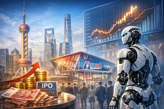 Unitree humanoid robot and quadruped robot on a futuristic platform, representing the company's IPO on Shanghai's STAR Market with strategic backing from AI firm DeepSeek.