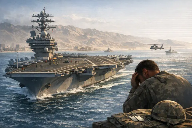 Editorial illustration of two U.S. Navy aircraft carriers at sea, symbolizing the relief rotation of the USS George Washington for the USS Abraham Lincoln in the Middle East.