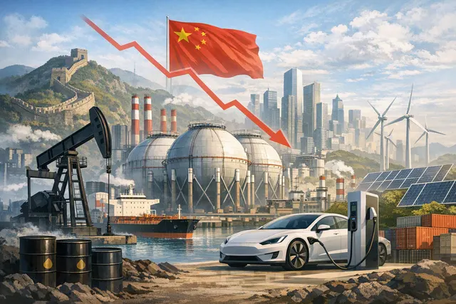 An abstract visualization of oil barrels with a downward-trending arrow and the Chinese flag, representing China's 30% crude oil import reduction in Q2 2026.