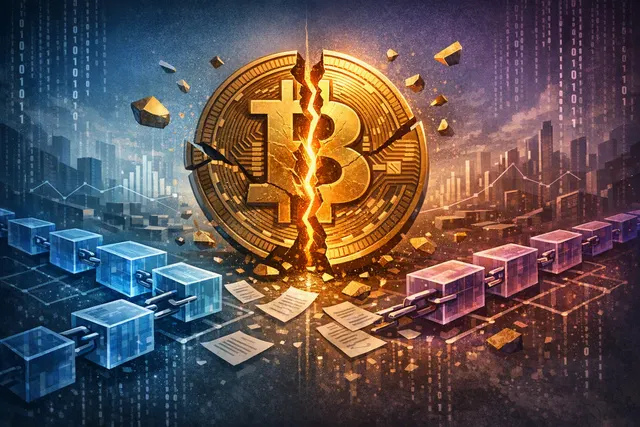 Bitcoin blockchain split visualization showing the BIP-110 fork producing only two blocks at height 961,632 before stalling