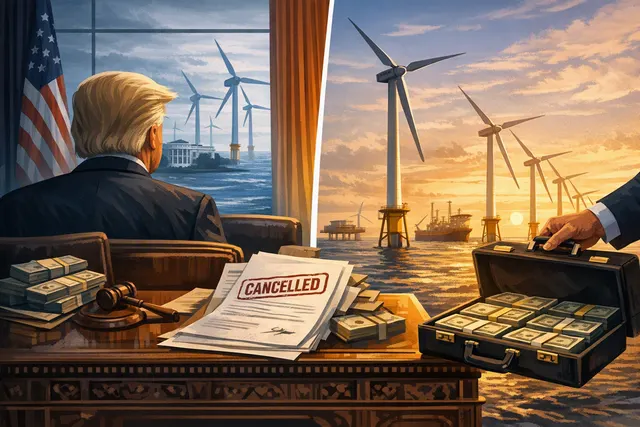 Offshore wind turbines at sunset with a gas flare and LNG facility visible in the distance, illustrating the shift from wind energy to fossil fuel investments