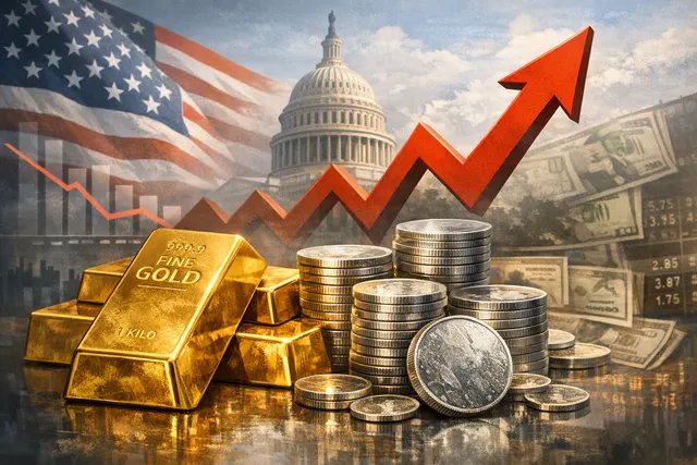 Illustration of gold bars and silver coins rising against market charts
