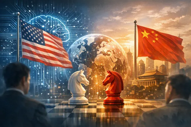 Editorial illustration of competing U.S. and Chinese AI coalitions dividing global technology partners