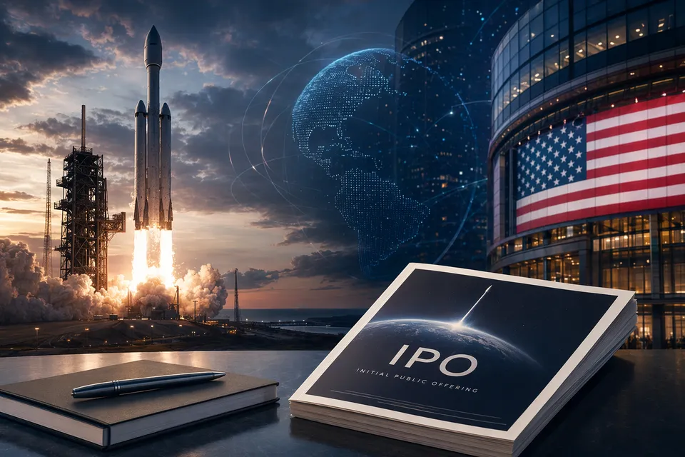 Illustration representing SpaceX IPO plans and Nasdaq listing under ticker SPCX