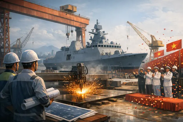 What does Vietnam’s construction of its most ambitious domestically built warship to date — a frigate at the Song Thu shipyard in Da Nang, d