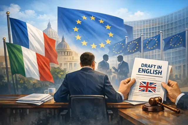 EU flags alongside French and Italian flags, with English text on documents, symbolizing the language dispute over trade agreements.