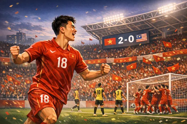 Minh họa Việt Nam ăn mừng chiến thắng 2-0 trước Malaysia tại bán kết ASEAN Hyundai Cup 2026
