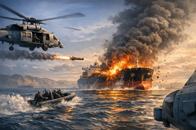 U.S. Navy MH-60 helicopter fires Hellfire missiles at Panama-flagged cargo ship Vela Nova in Gulf of Oman