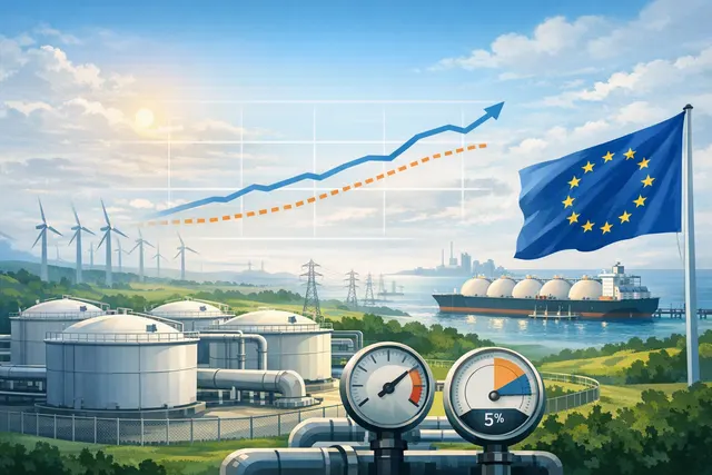 An AI-generated editorial illustration depicting a gas storage facility gauge showing critically low levels, with a cold winter landscape in the background, representing the EU gas