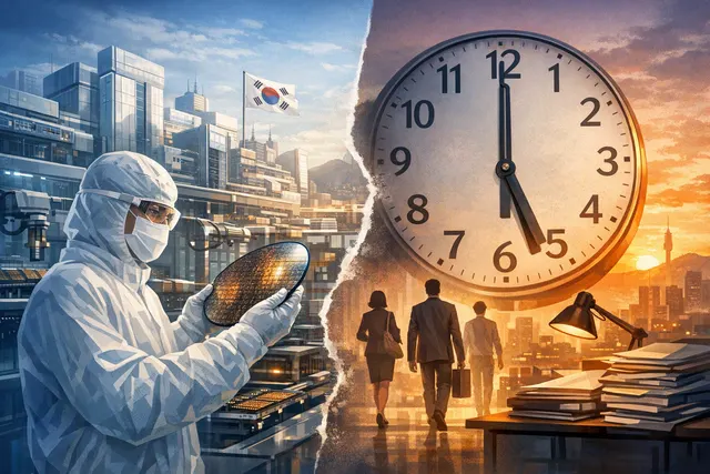 South Korea semiconductor chip manufacturing facility with clock face overlay symbolizing 52-hour workweek debate